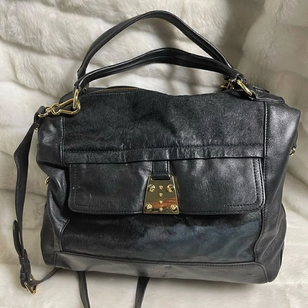 Vince Camuto black soft leather &calf hair Satchel/crossbody bag gold tone studs